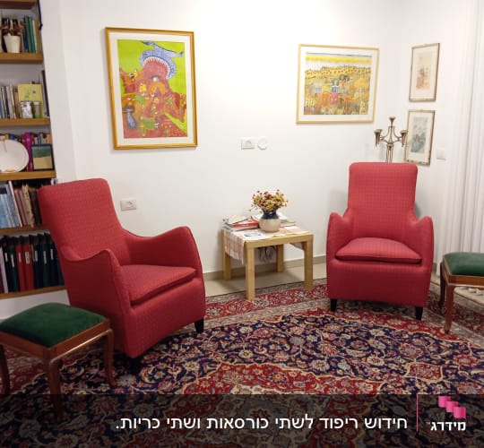 חידוש ריפוד לשתי כורסאות ושתי כריות.